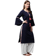 Navy blue 3/4th sleeve crepe kurta with dori work at yoke