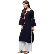 Navy blue 3/4th sleeve crepe kurta with dori work at yoke