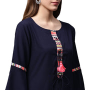 Navy blue 3/4th sleeve crepe kurta with dori work at yoke