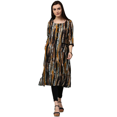 Multi printed 3/4th sleeve cotton kurta with side pocket