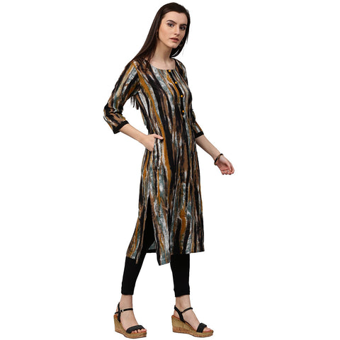 Multi printed 3/4th sleeve cotton kurta with side pocket
