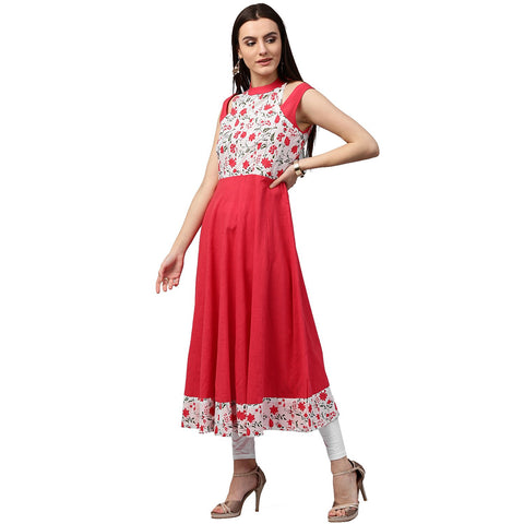 Red printed 3/4th sleeve cotton kurta