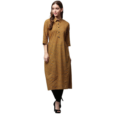 Yellow printed 3/4th Sleeve Cotton A-line kurta