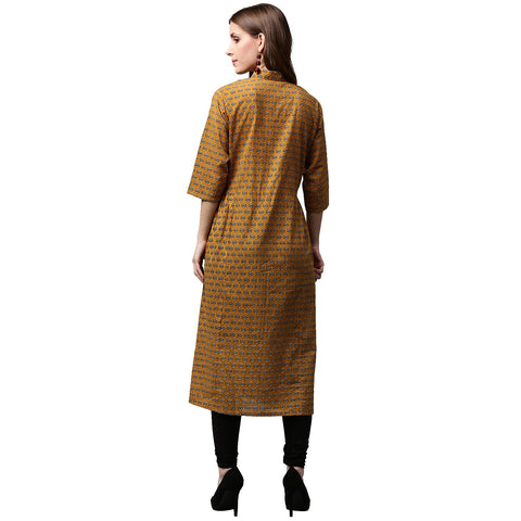 Yellow printed 3/4th Sleeve Cotton A-line kurta