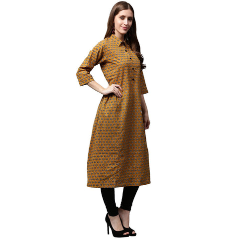 Yellow printed 3/4th Sleeve Cotton A-line kurta