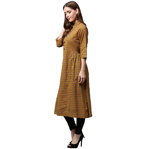 Yellow printed 3/4th Sleeve Cotton A-line kurta