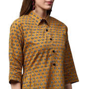 Yellow printed 3/4th Sleeve Cotton A-line kurta