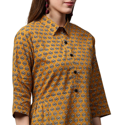 Yellow printed 3/4th Sleeve Cotton A-line kurta