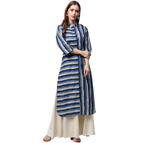 Blue printed 3/4th sleeve cotton kurta