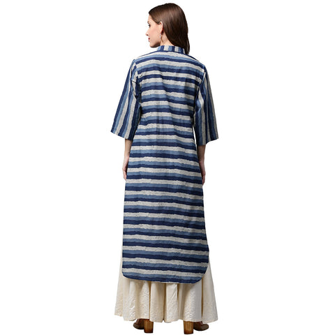Blue printed 3/4th sleeve cotton kurta