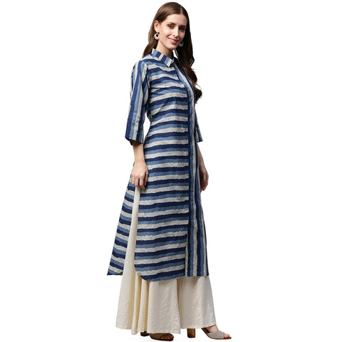 Blue printed 3/4th sleeve cotton kurta