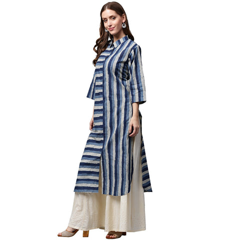 Blue printed 3/4th sleeve cotton kurta