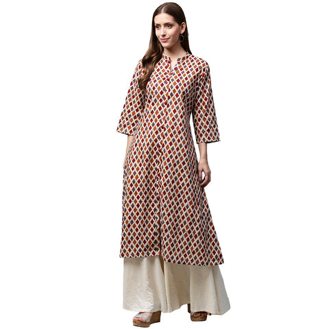 Multi printed 3/4th sleeve cotton A-line kurta