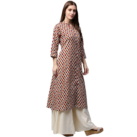 Multi printed 3/4th sleeve cotton A-line kurta