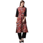 Red printed 3/4th sleeve cotton kurta