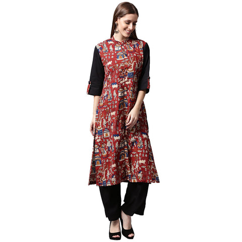 Red printed 3/4th sleeve cotton kurta