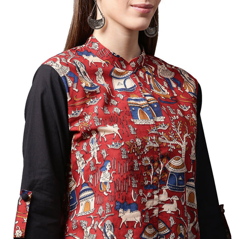 Red printed 3/4th sleeve cotton kurta