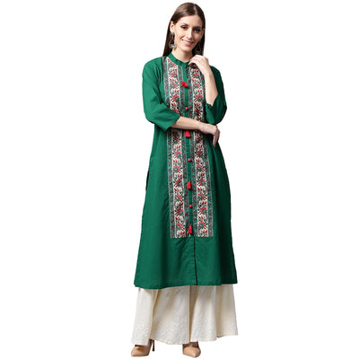 Green printed 3/4th sleeve cotton kurta