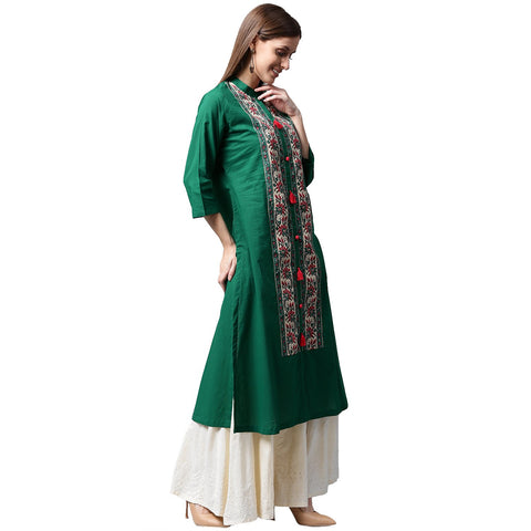Green printed 3/4th sleeve cotton kurta