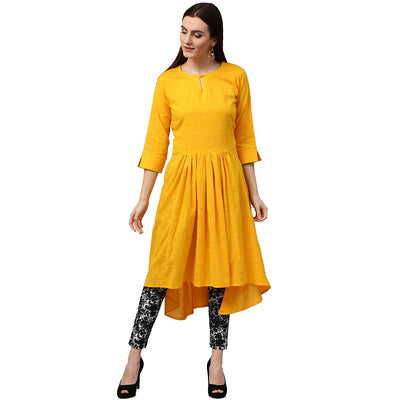 Yellow 3/4th sleeve cotton slub assymetrical Anarkali kurta