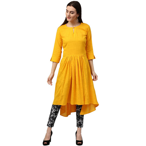 Yellow 3/4th sleeve cotton slub assymetrical Anarkali kurta