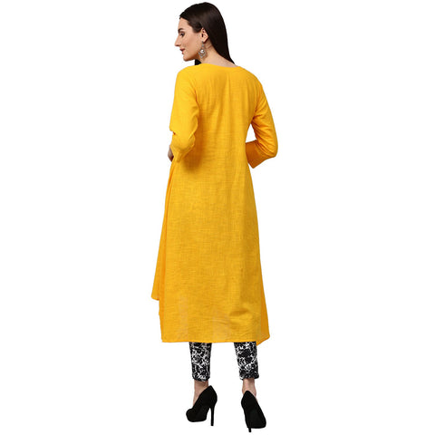 Yellow 3/4th sleeve cotton slub assymetrical Anarkali kurta