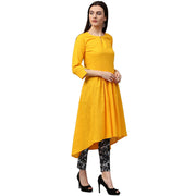 Yellow 3/4th sleeve cotton slub assymetrical Anarkali kurta