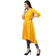 Yellow 3/4th sleeve cotton slub assymetrical Anarkali kurta
