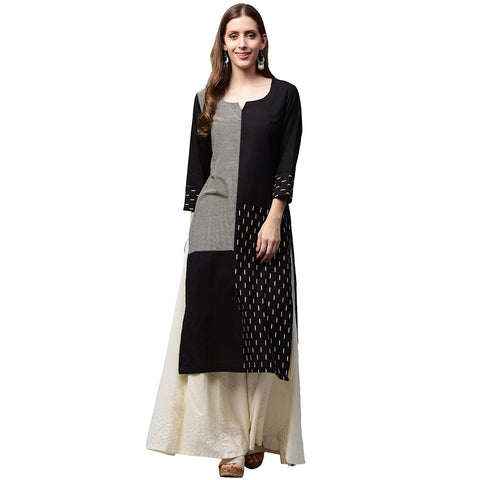 Black printed 3/4th sleeve cotton kurta