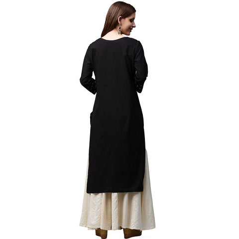 Black printed 3/4th sleeve cotton kurta