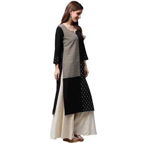 Black printed 3/4th sleeve cotton kurta