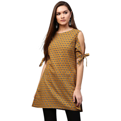 Yellow half sleeve cotton cold shoulder tunic