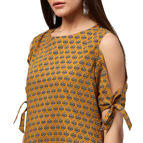Yellow half sleeve cotton cold shoulder tunic