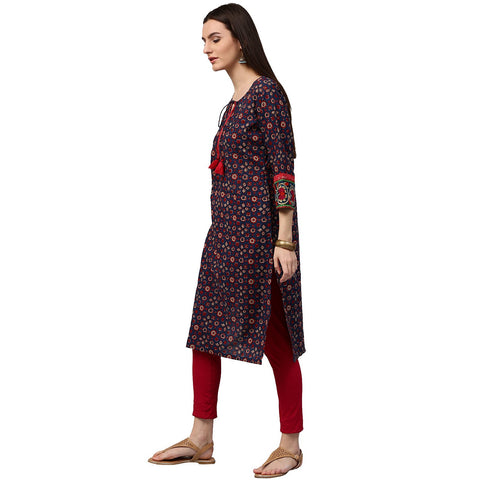 Blue printed 3/4th sleeve cotton kurta with Dori work at yoke