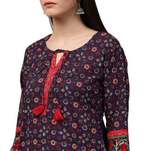 Blue printed 3/4th sleeve cotton kurta with Dori work at yoke