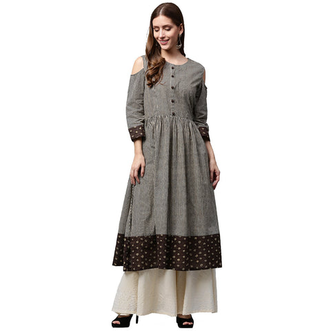 Black printed 3/4th Sleeve Cotton Anarkali kurta