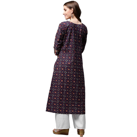 Blue printed 3/4th sleeve cotton long A-line kurta