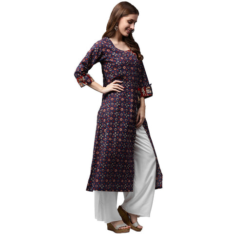 Blue printed 3/4th sleeve cotton long A-line kurta