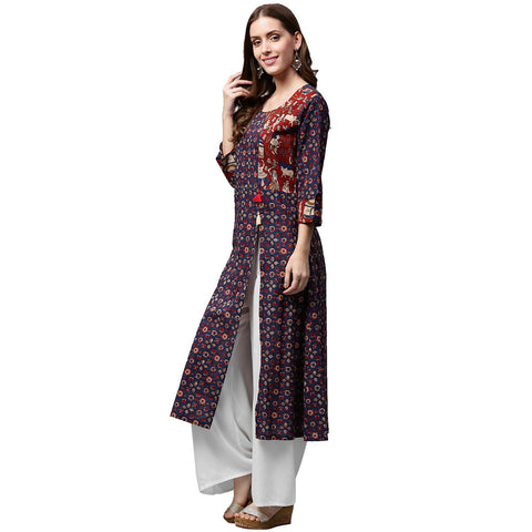 Blue printed 3/4th sleeve cotton long A-line kurta