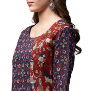 Blue printed 3/4th sleeve cotton long A-line kurta