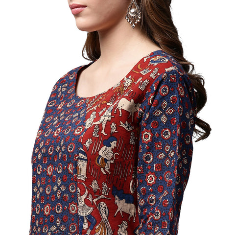 Blue printed 3/4th sleeve cotton long A-line kurta
