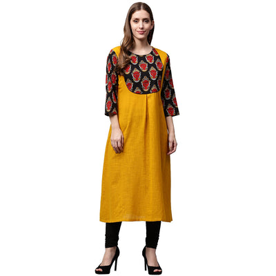 Yellow 3/4th sleeve Cotton A-line kurta with printed yoke