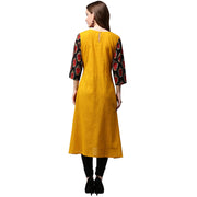 Yellow 3/4th sleeve Cotton A-line kurta with printed yoke