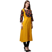 Yellow 3/4th sleeve Cotton A-line kurta with printed yoke