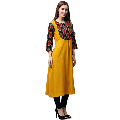 Yellow 3/4th sleeve Cotton A-line kurta with printed yoke