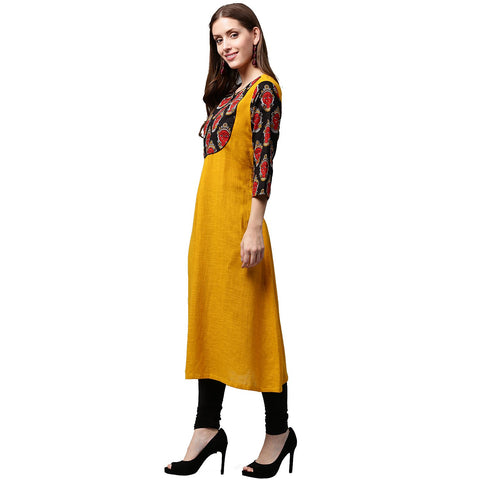Yellow 3/4th sleeve Cotton A-line kurta with printed yoke