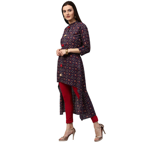 Blue printed 3/4th sleeve cotton low high kurta with tussle work