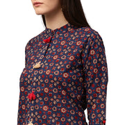 Blue printed 3/4th sleeve cotton low high kurta with tussle work