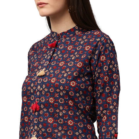 Blue printed 3/4th sleeve cotton low high kurta with tussle work