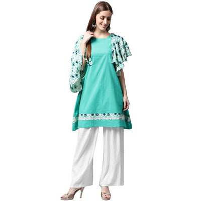 Blue printed flared sleeve cotton A-line kurta